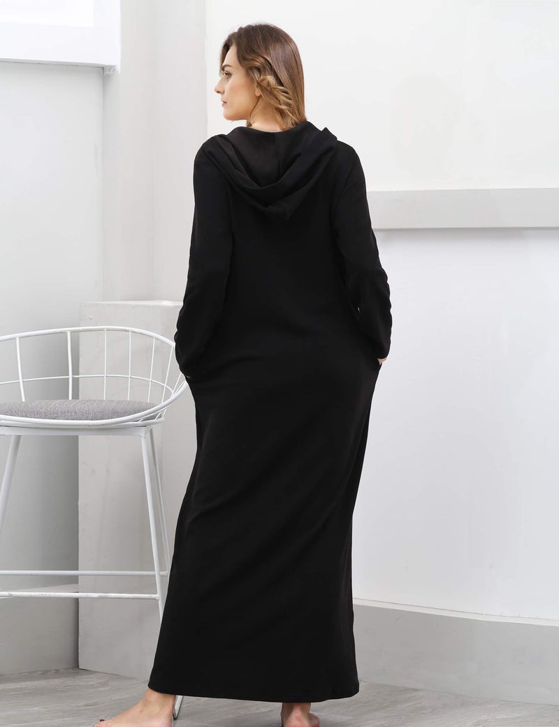 COLORFULLEAF Women's Zip Up Robes Long Sleeve Hooded Fleece Bathrobe Soft Warm Housecoat Loungewear with Pockets(Black,L) - Image 5